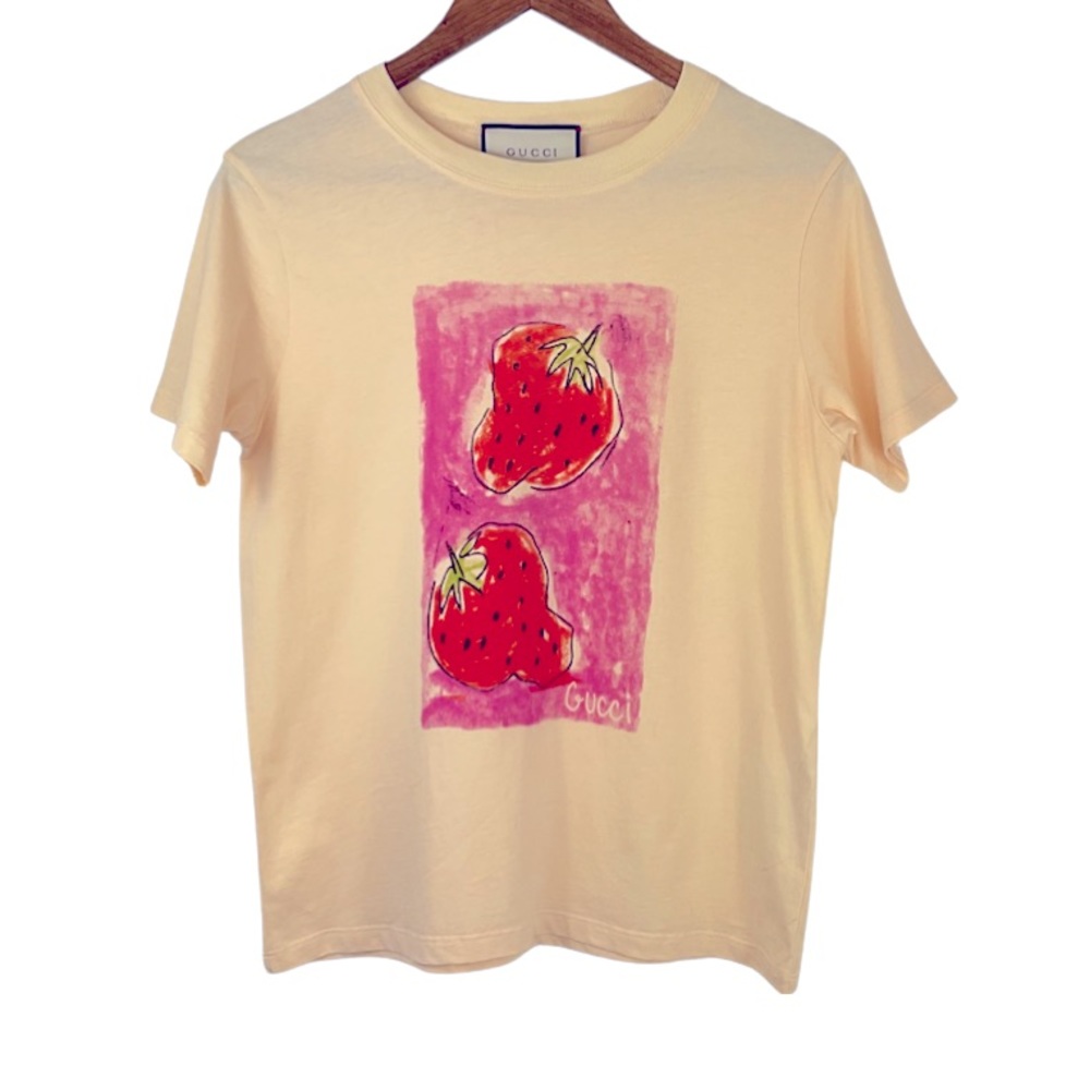 Gucci Cream Tee with Pink and Red Strawberry Design